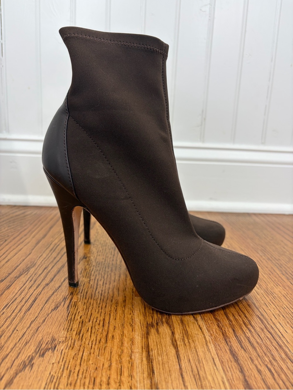Chocolate Brown Stretch Sock Bootie with Stiletto Heel (6.5)